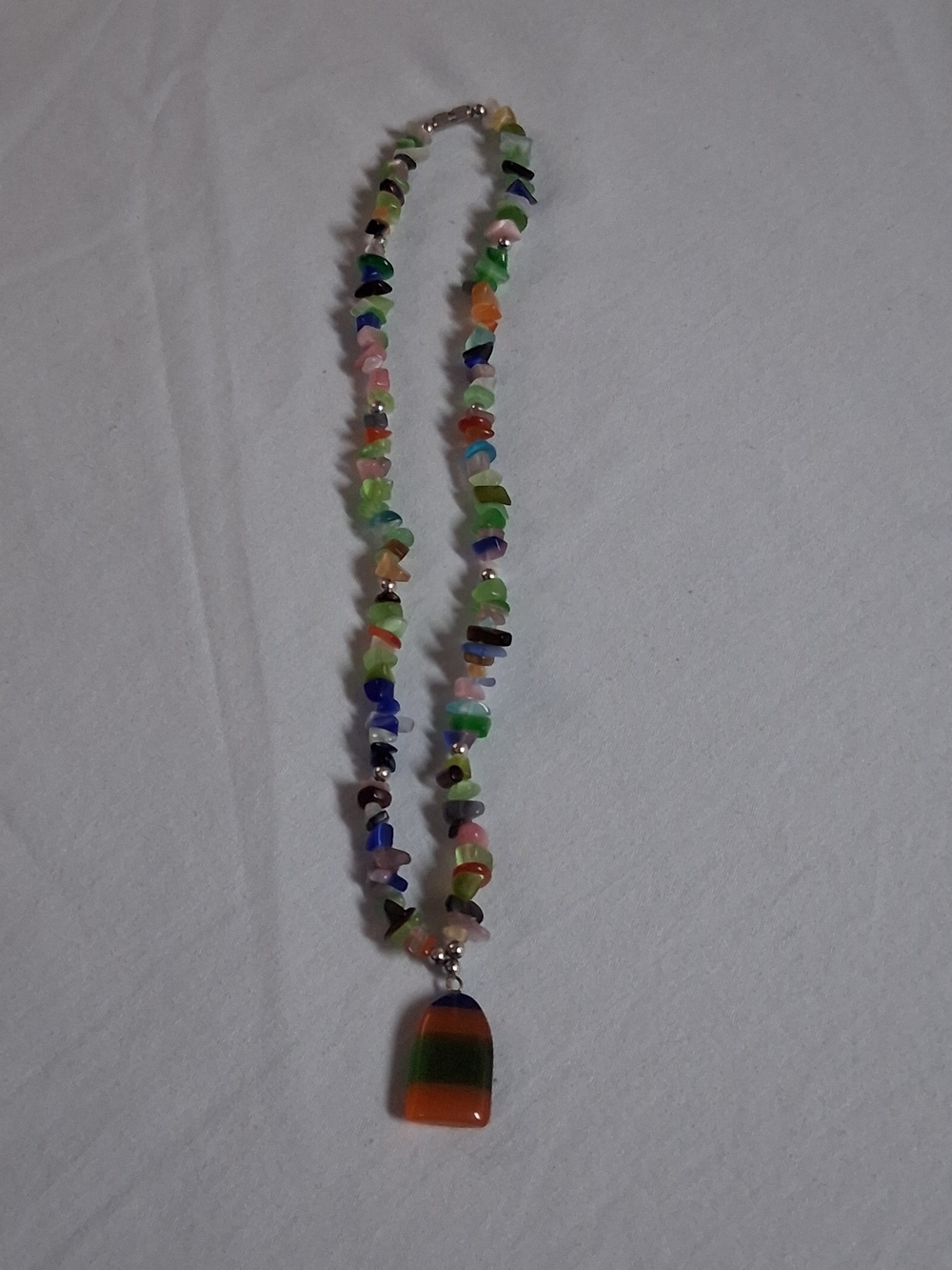 Color-Block Multicolor Bead Necklace with Striped Pendant